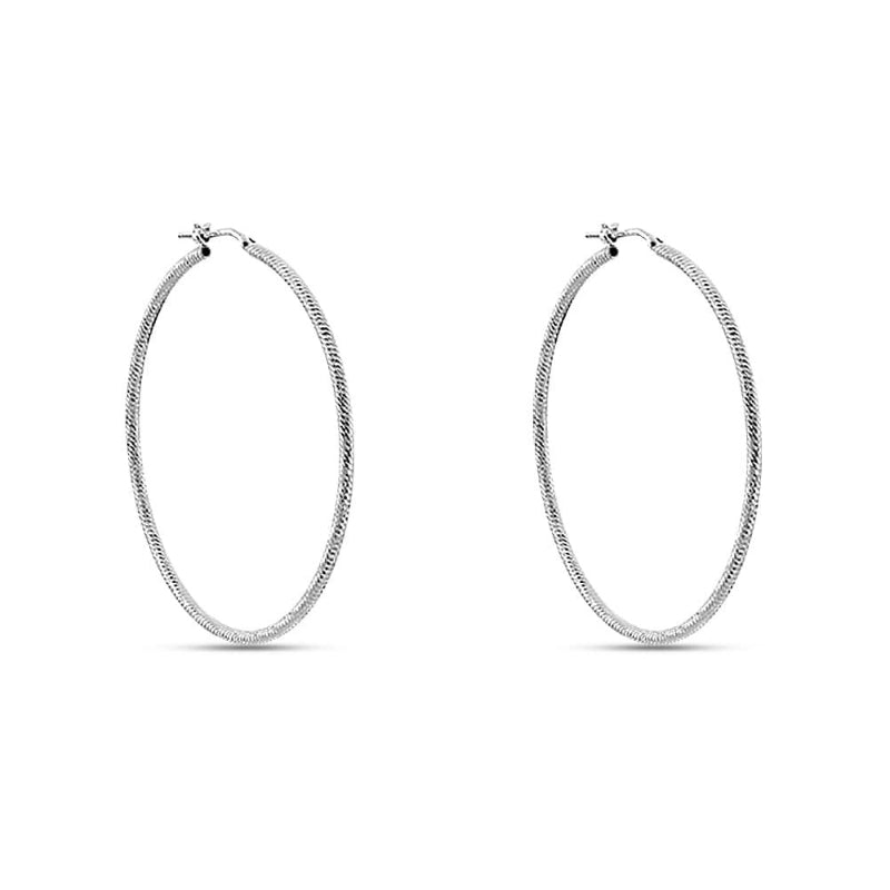 Pair of textured silver hoop earrings with hinged clasps on white background, classic design for Women