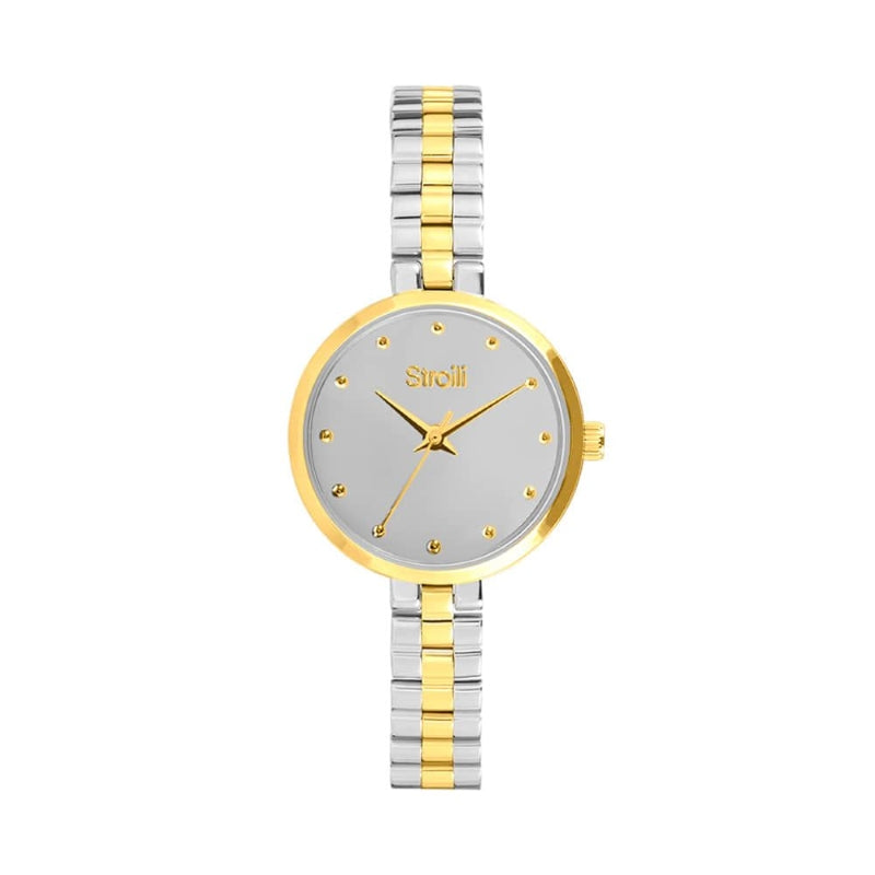 Two-tone silver and gold stainless steel wrist watch with minimalist silver dial and dot markers