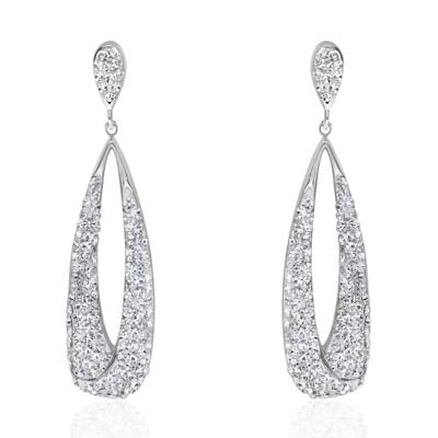 Silver elongated teardrop earrings in white gold or platinum, pavé diamonds, post backs, photographed on neutral background.